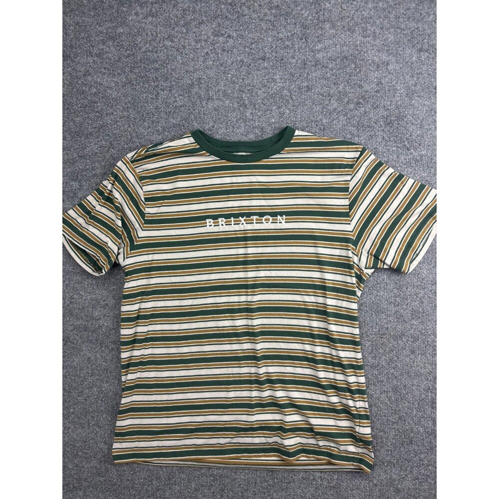 Brixton Shirt Mens Medium Green Yellow Striped Embroidered Logo Tee Standard Fit
